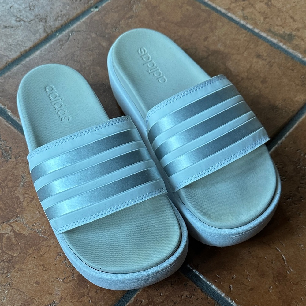 Adidas White Slide Sandals with Stripes